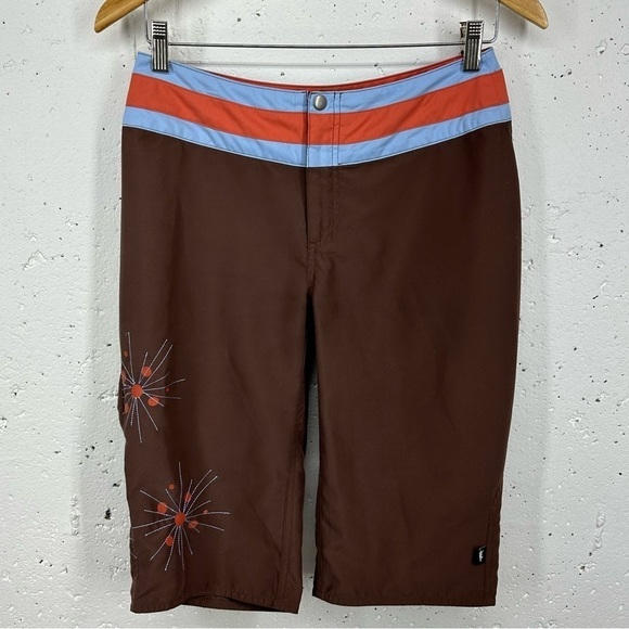 Horny Toad Size 2 Brown Blue Salmon Pink Retro Long Board Shorts - Picture 1 of 9